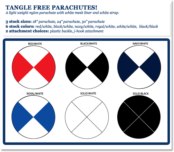 TANGLE FREE PARACHUTES!
Include a light weight nylon parachute with white mesh liner and white strap.
3 stock sizes: 18” parachute, 24” parachute, 30” parachute
6 stock colors: red/white, black/white, navy/white, royal/white, white/white,  black/black
2 attachment choices: plastic buckle, j-hook attachment
